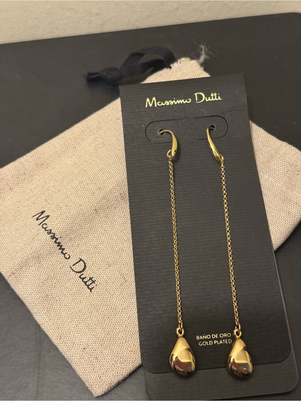 NWT Massimo Dutti Gold Plated Teardrop Chain Dangle Earrings with Dust Bag Zara